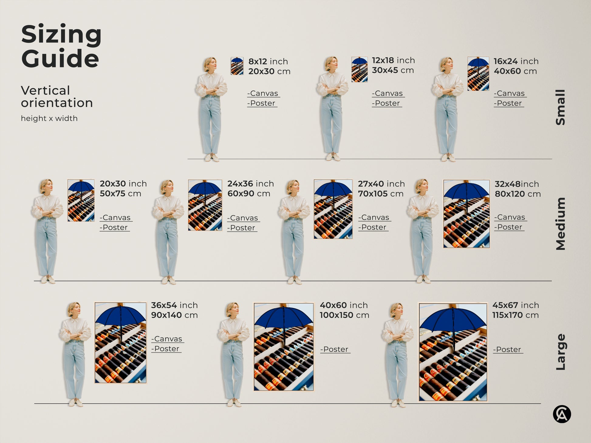 Sizing guide for the cigar box and blue umbrella pop art canvas. Available in small medium and large sizes. This contemporary tobacco artwork fits any space. Ideal for office wall art or a cigar aficionado gift. Find the perfect dimensions for your home bar or man cave.
