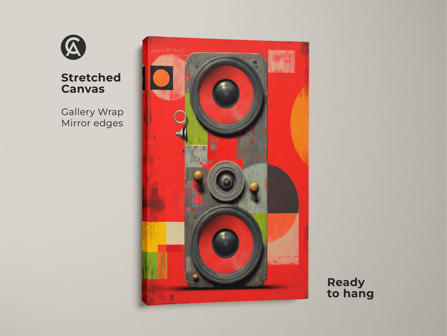 A stretched canvas print featuring a retro speaker. The abstract sound waves pop art music canvas is ready to hang. This geometric speaker art uses red orange and green tones for an eclectic retro artwork style.