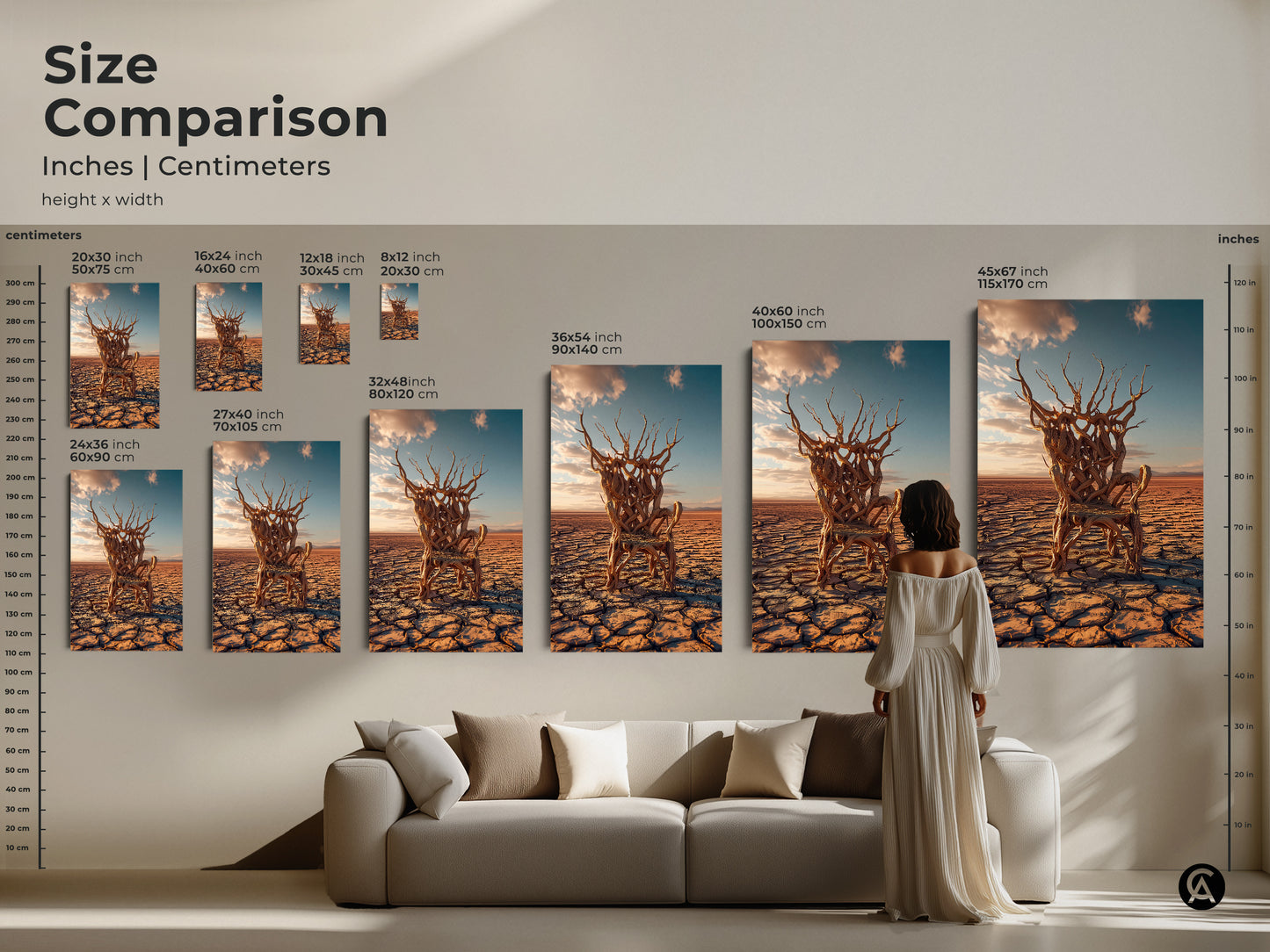 Size comparison of surreal tree chair art in inches and centimeters. Various sizes displayed above a sofa give perspective. Find your perfect desert landscape canvas print for eclectic home decor.