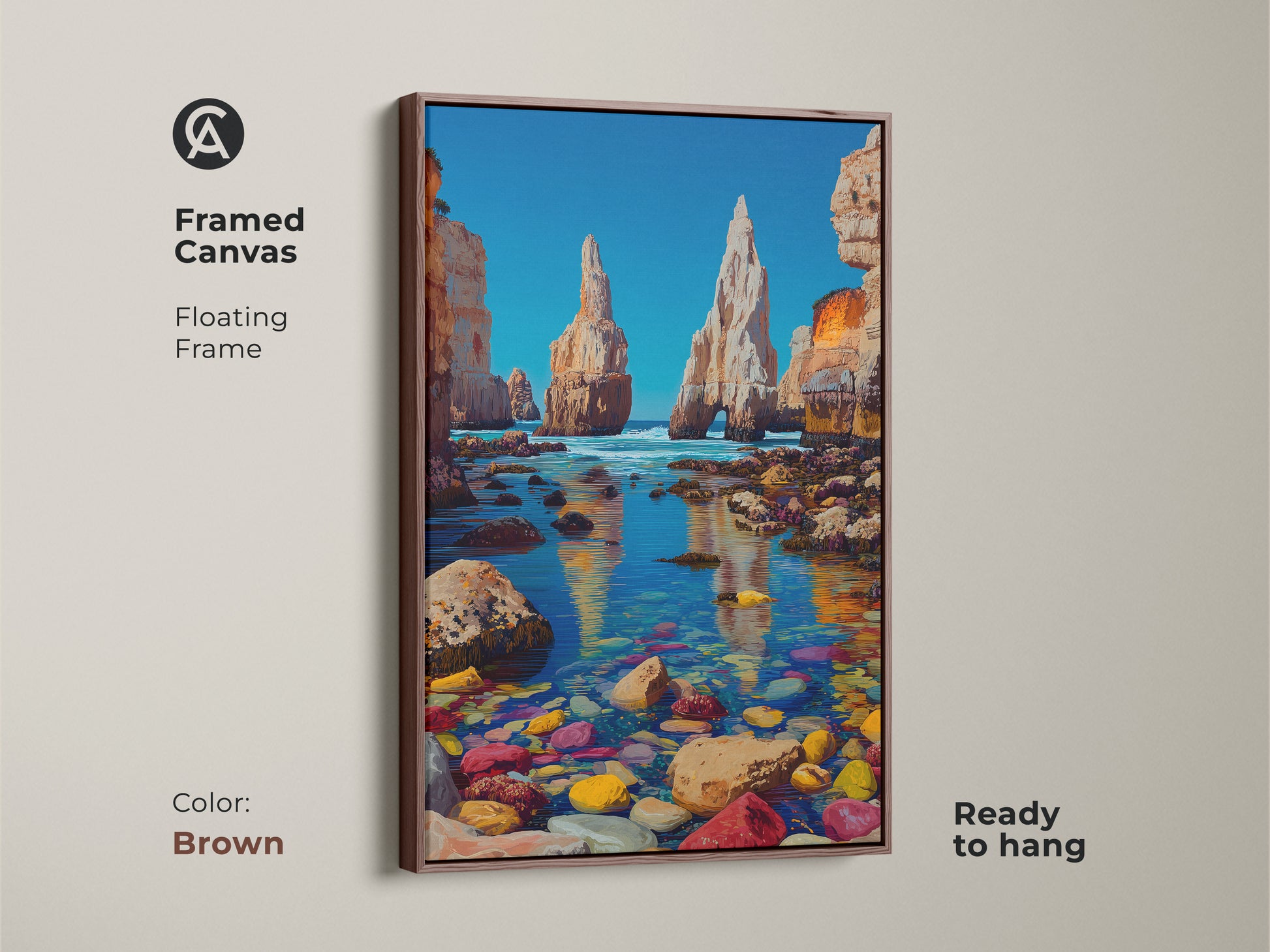 Framed canvas featuring a floating frame in brown. The artwork shows coastal cliffs wall art with an ocean landscape. It has bright blue sea art and a golden yellow ocean view. Ready to hang. The frame provides a unique view.