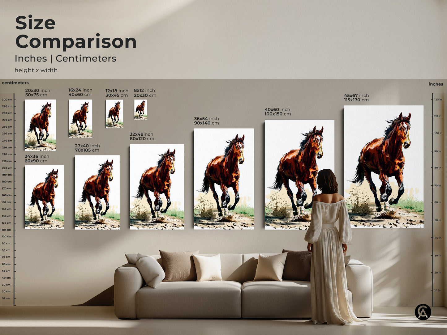Size comparison of the galloping horse artwork in inches and centimeters. See how this rustic sienna brown horse art transforms your space. Visualize the animal action artwork above a sofa. Ideal bedroom decor and a thoughtful horse lover gift.