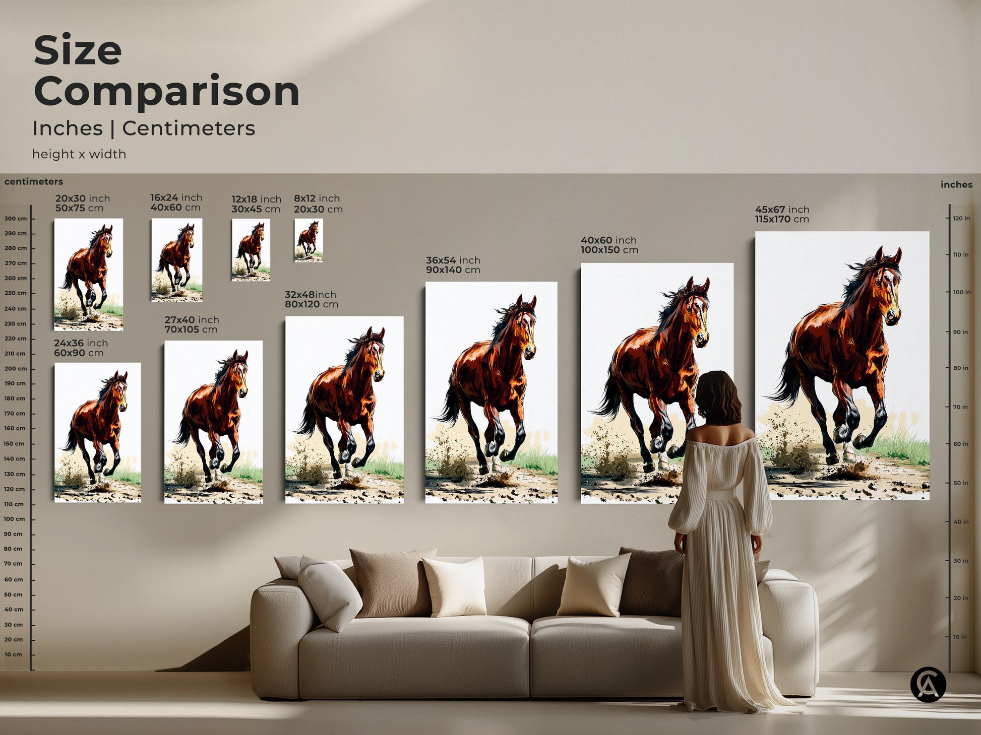 Size comparison of the galloping horse artwork in inches and centimeters. See how this rustic sienna brown horse art transforms your space. Visualize the animal action artwork above a sofa. Ideal bedroom decor and a thoughtful horse lover gift.