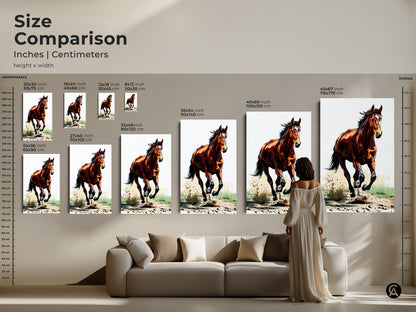 Size comparison of the galloping horse artwork in inches and centimeters. See how this rustic sienna brown horse art transforms your space. Visualize the animal action artwork above a sofa. Ideal bedroom decor and a thoughtful horse lover gift.