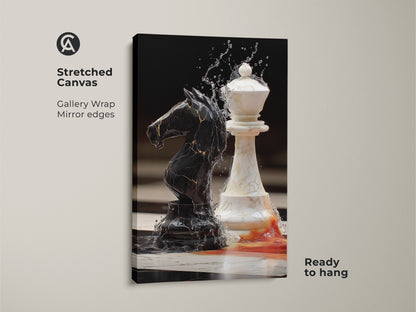 A stretched canvas print featuring surreal chess figures a black knight and white queen. This gallery-wrapped modern office artwork has mirrored edges. Its ready to hang adding sophistication to your study room decor.