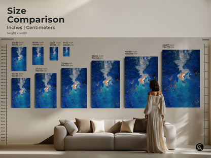 Size comparison of abstract art prints in inches and centimeters. Visualize how each canvas size fits above a sofa. Perfect for choosing the right deep blue abstract art for your modern home accent wall.