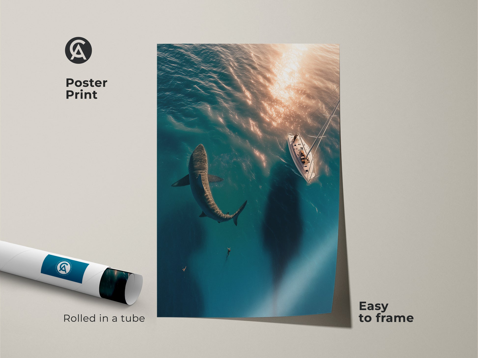 Poster print of a great white shark and sailboat in the ocean. The teal blue canvas art adds a marine wildlife touch. Easy to frame this underwater scene brings the adventure theme home. A perfect gift for ocean explorers.