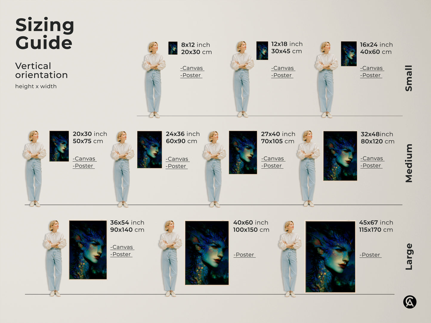 Sizing guide for vertical dark fantasy mermaid art prints. Options include canvas and poster in small medium and large sizes. Visualize the teal gold mythological artwork in your space. Perfect for eclectic home decor.
