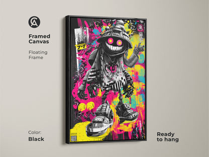 Framed canvas art with a black floating frame. The artwork features a cool character with glowing pink eyes. This framed art is ready to hang. Black frame that complements the graffiti style. Elevate your space with this unique piece.