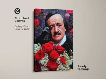 Stretched canvas art of Edgar Allan Poe with a gothic raven and roses. Gallery wrapped with mirror edges this dark academia decor is ready to hang. A literary gift for writers and book lovers.
