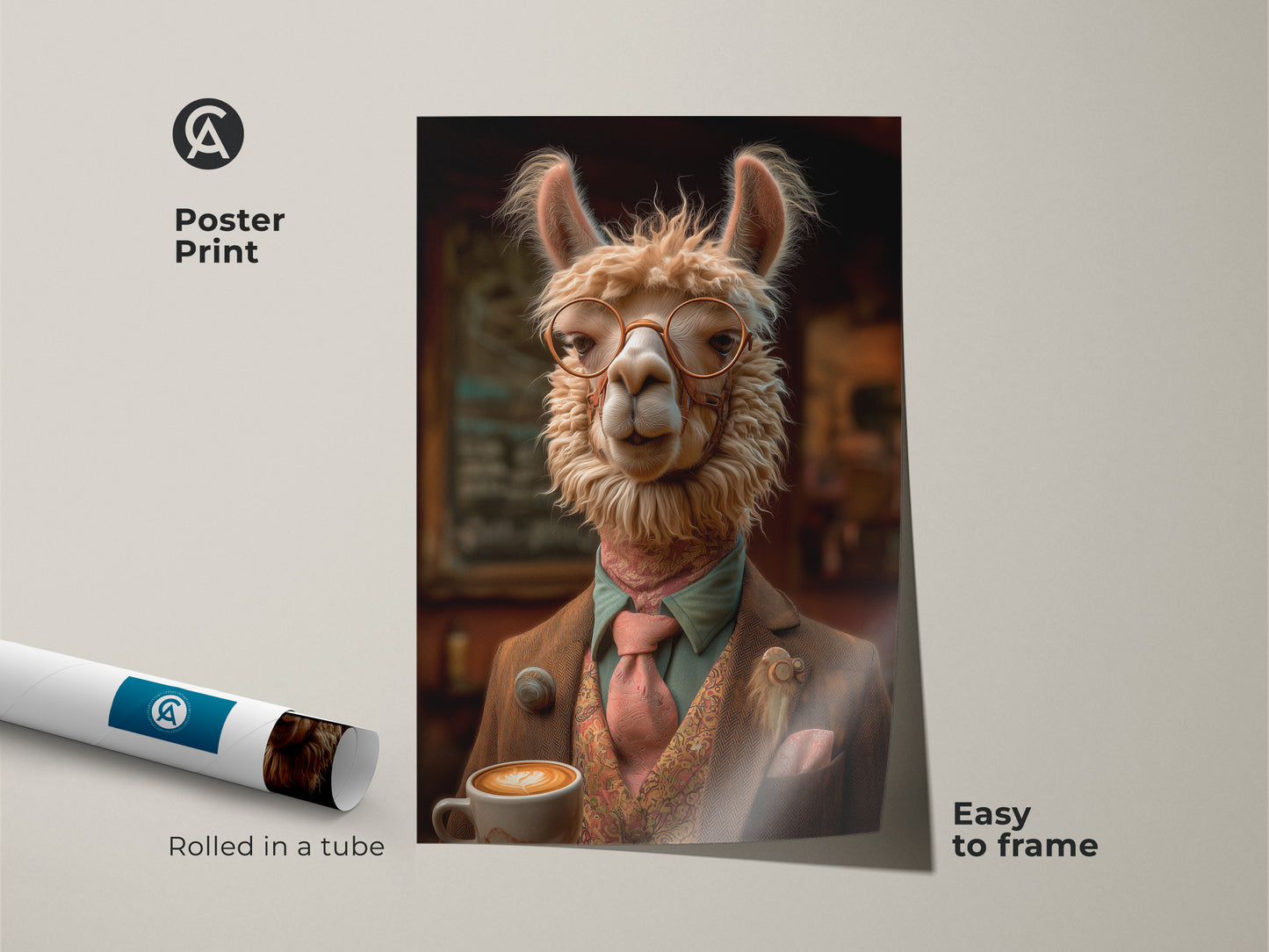 Poster Print featuring a Beige Llama. The print is easy to frame. Rolled in a tube for protection. This Eclectic Animal Portrait style is perfect for coffee lovers. Adds refined charm to any office or home space.