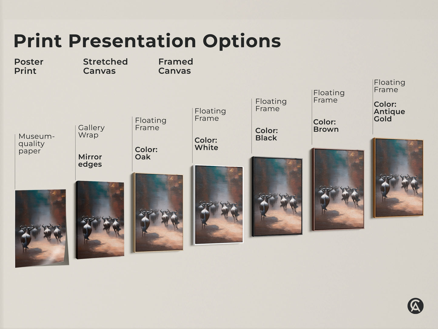 Explore presentation options for wildebeest herd artwork. Choose from poster prints or stretched and framed canvas. Floating frames available in oak black brown antique gold and white colors. Find the perfect style.