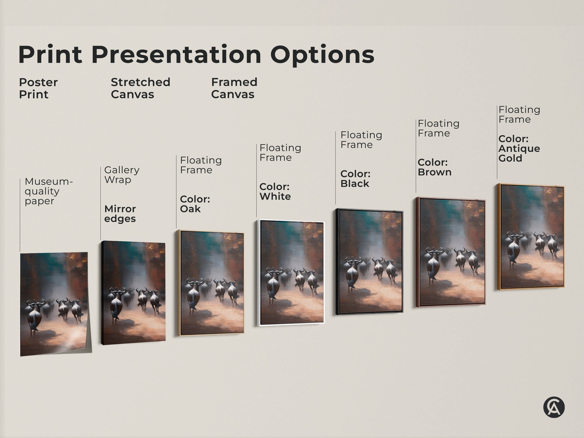 Explore presentation options for wildebeest herd artwork. Choose from poster prints or stretched and framed canvas. Floating frames available in oak black brown antique gold and white colors. Find the perfect style.