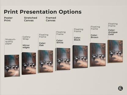 Explore presentation options for wildebeest herd artwork. Choose from poster prints or stretched and framed canvas. Floating frames available in oak black brown antique gold and white colors. Find the perfect style.