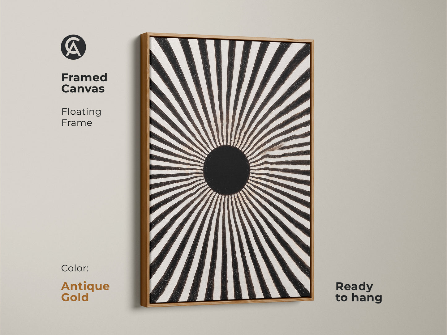 Framed canvas featuring a black and white geometric art. Its antique gold floating frame enhances the artwork. This mid-century modern piece is a radial wall decor. The sunburst motif canvas is ready to hang. The minimalist home decor will be a great housewarming gift. It is impactful wall art for entry halls.