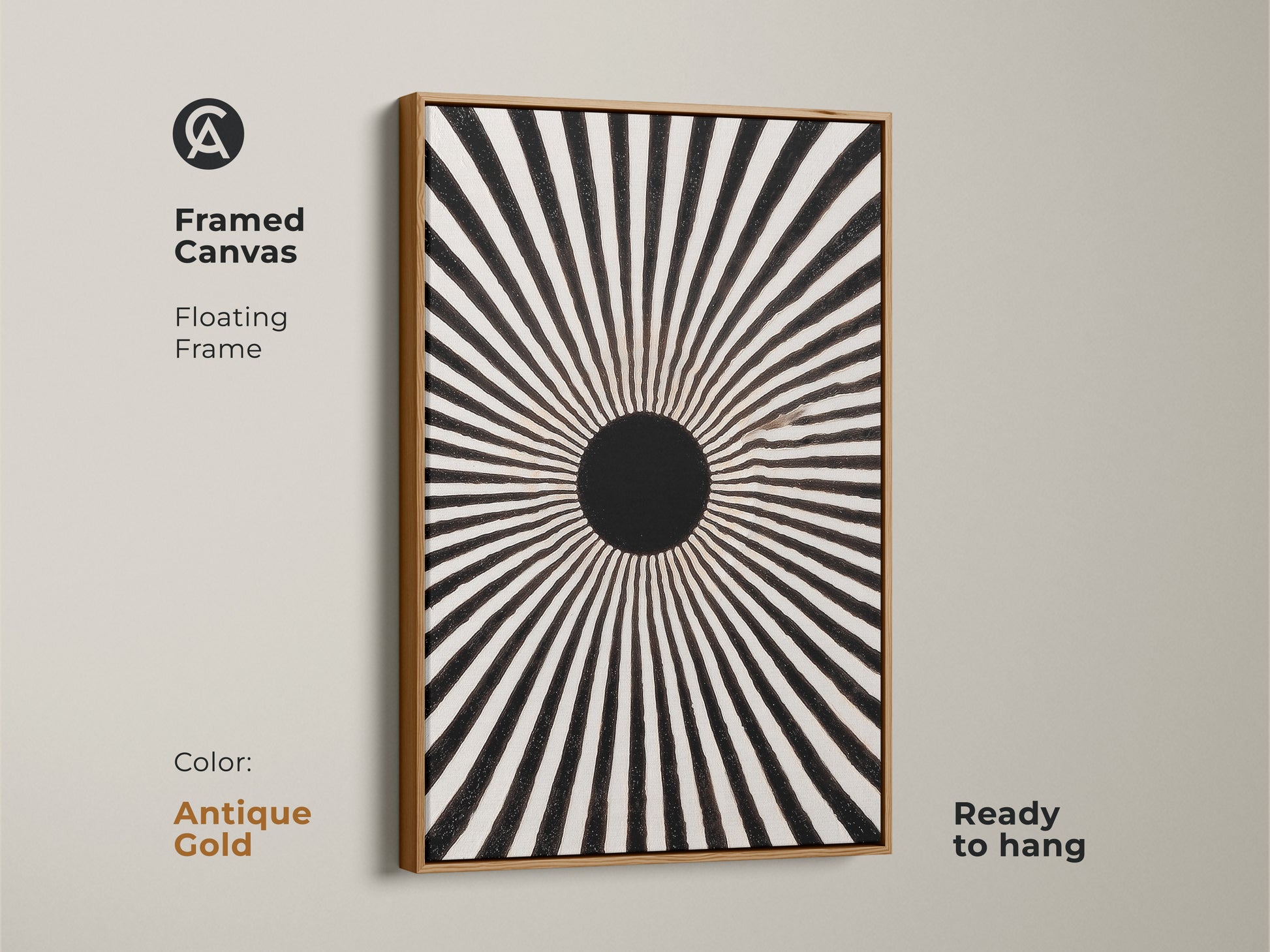 Framed canvas featuring a black and white geometric art. Its antique gold floating frame enhances the artwork. This mid-century modern piece is a radial wall decor. The sunburst motif canvas is ready to hang. The minimalist home decor will be a great housewarming gift. It is impactful wall art for entry halls.
