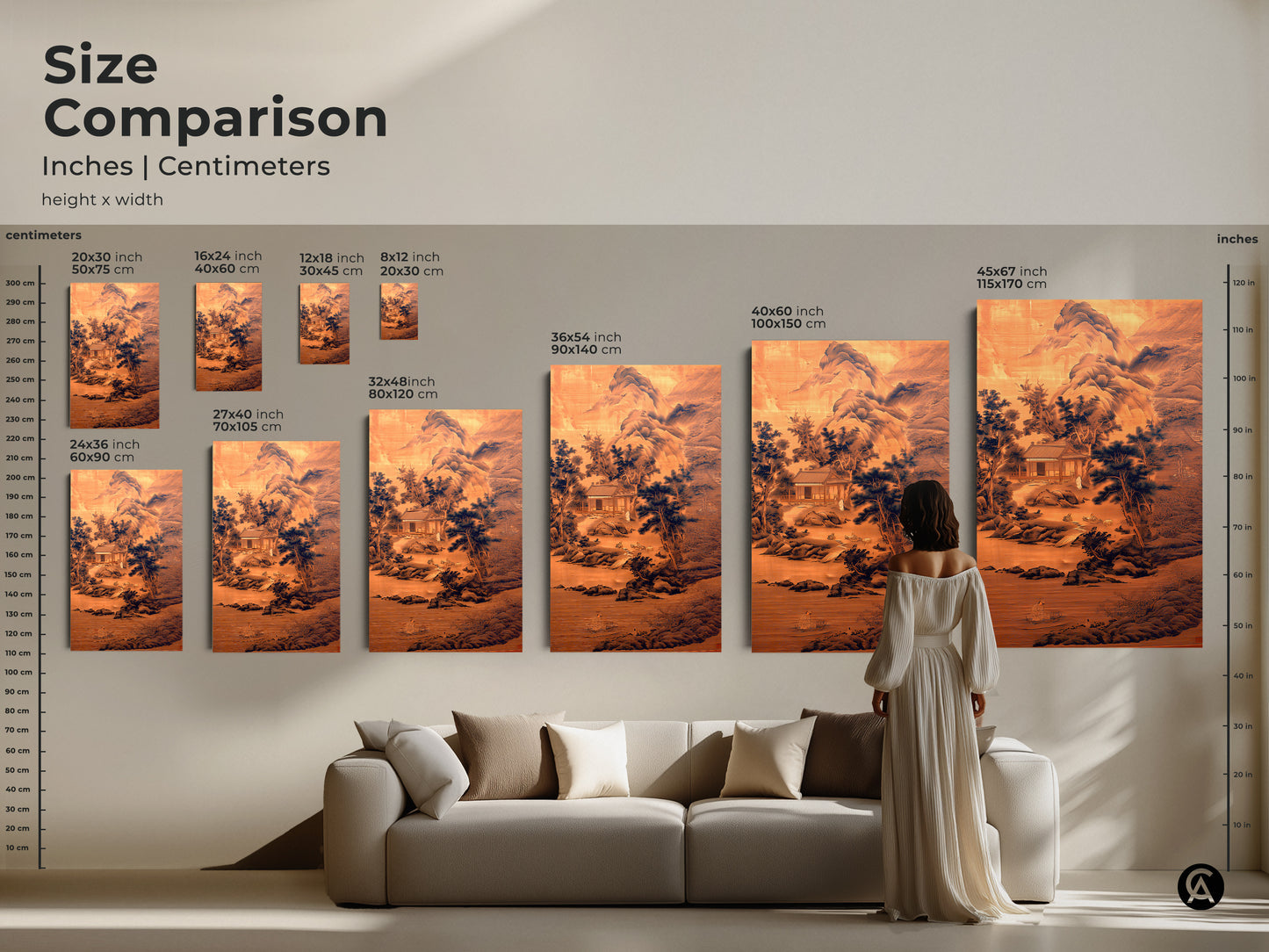 Size comparison of ink wash art prints in inches and centimeters. A woman views the traditional Asian artwork. Ranging from small to extra-large prints find the perfect fit. Sepia and navy tones complement this mountain landscape art zen meditation decor.