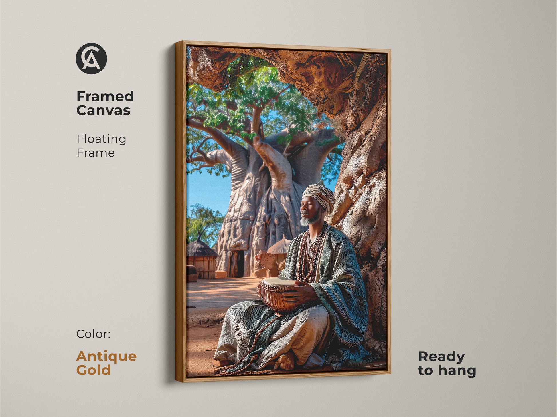 Antique gold framed canvas art featuring an African man drumming under a baobab tree. This cultural wall hanging with a floating frame is ready to hang. Earth tones and boho elements create a unique artistic portrait print. Ideal for global culture artwork lovers.