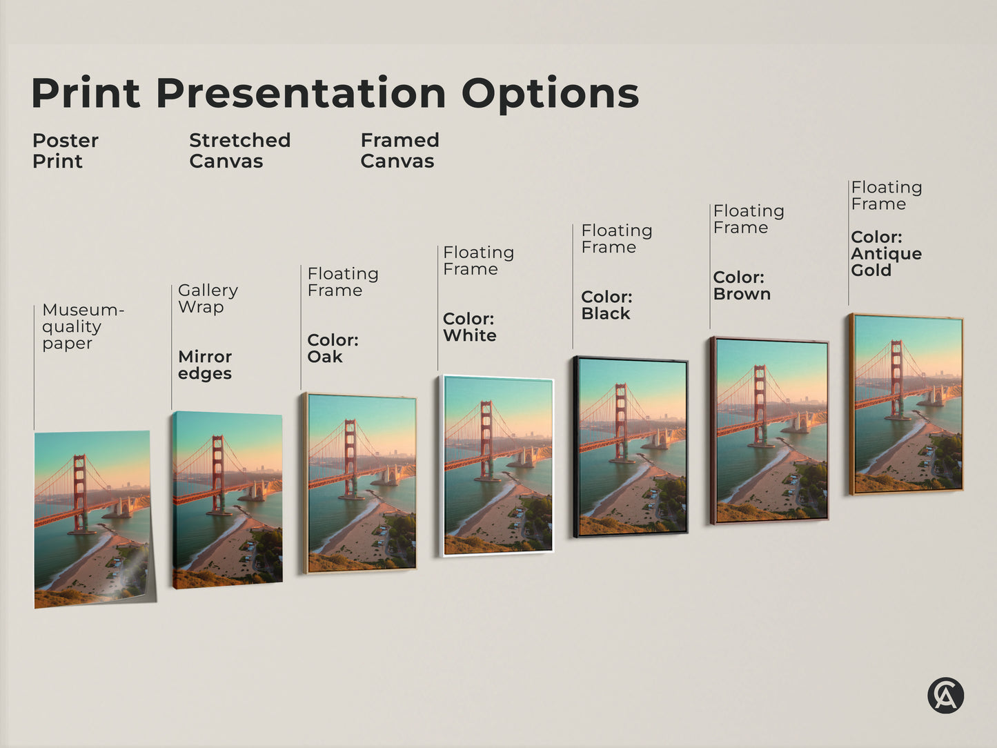 Print presentation options showcasing Golden Gate Bridge art. Poster print stretched canvas and framed canvas. Floating frame options in black brown oak antique gold and white.