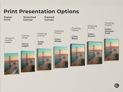 Print presentation options showcasing Golden Gate Bridge art. Poster print stretched canvas and framed canvas. Floating frame options in black brown oak antique gold and white.