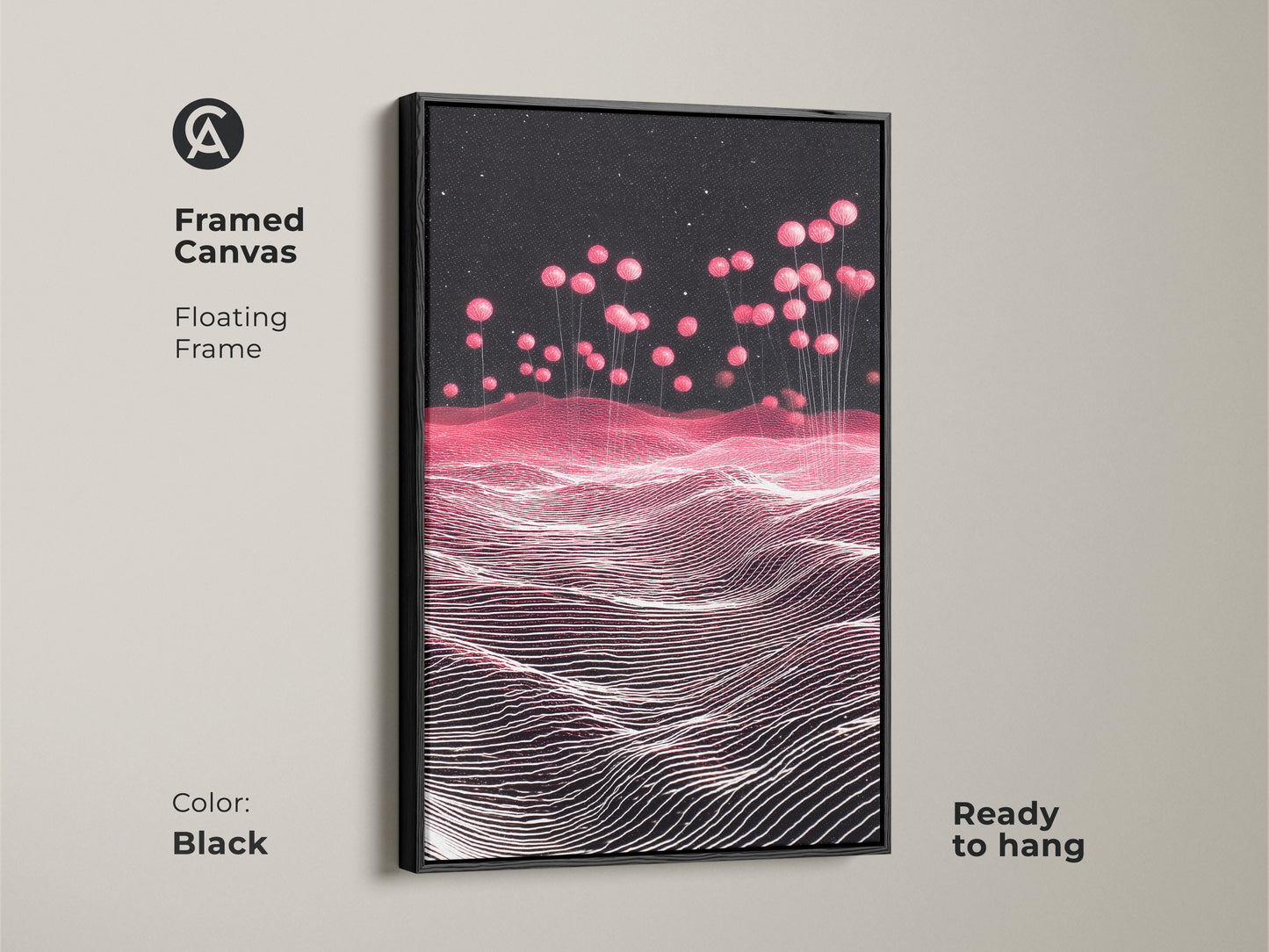 Black Framed Canvas showcasing a Sci-Fi Abstract Landscape. Pink Balloons float above a Magenta horizon. This contemporary artwork is ready to hang. The floating frame adds sophistication. Ideal for modern bedroom decor. A perfect housewarming gift for sci-fi art lovers.