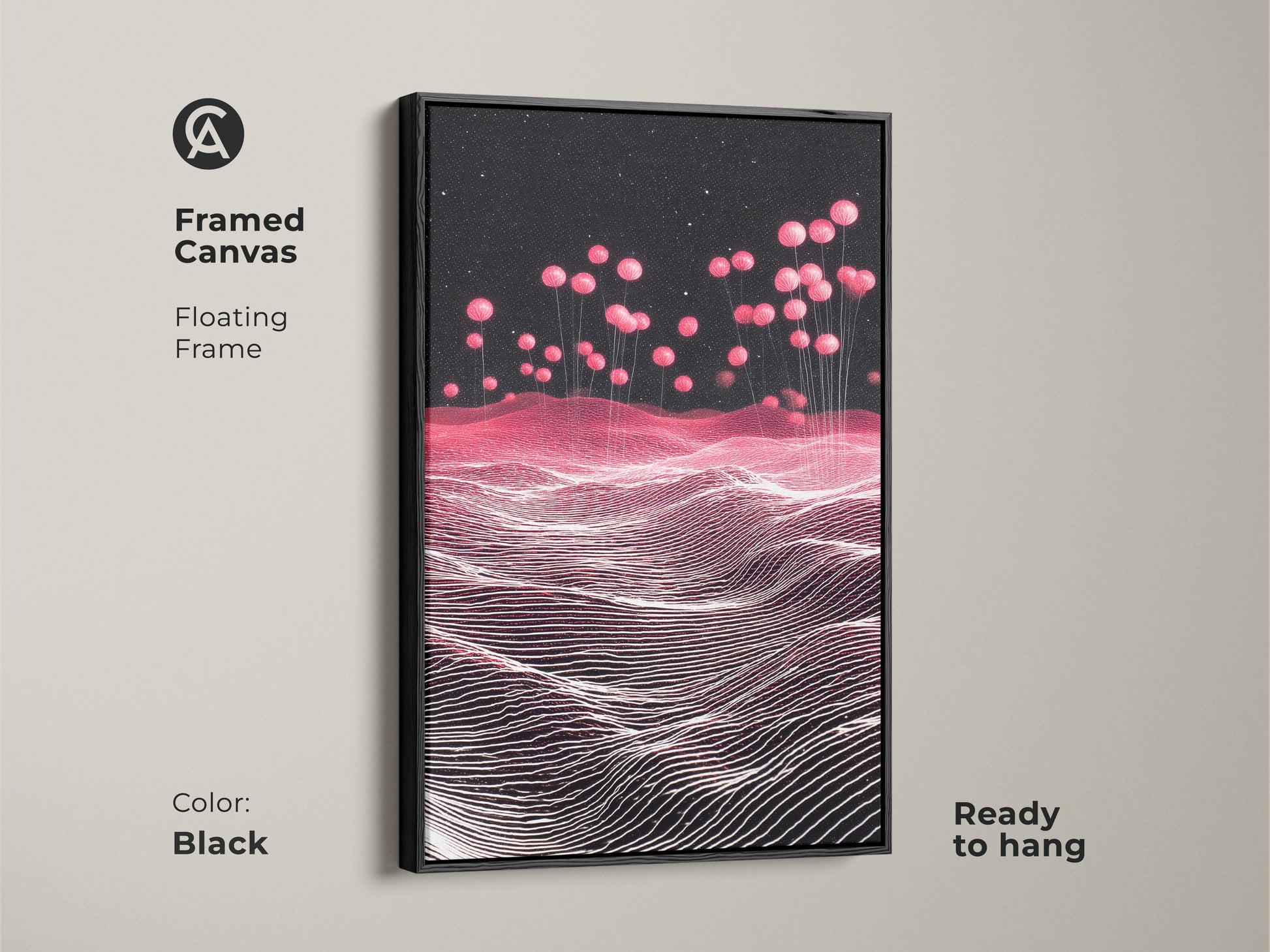 Black Framed Canvas showcasing a Sci-Fi Abstract Landscape. Pink Balloons float above a Magenta horizon. This contemporary artwork is ready to hang. The floating frame adds sophistication. Ideal for modern bedroom decor. A perfect housewarming gift for sci-fi art lovers.