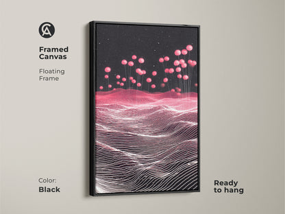 Black Framed Canvas showcasing a Sci-Fi Abstract Landscape. Pink Balloons float above a Magenta horizon. This contemporary artwork is ready to hang. The floating frame adds sophistication. Ideal for modern bedroom decor. A perfect housewarming gift for sci-fi art lovers.