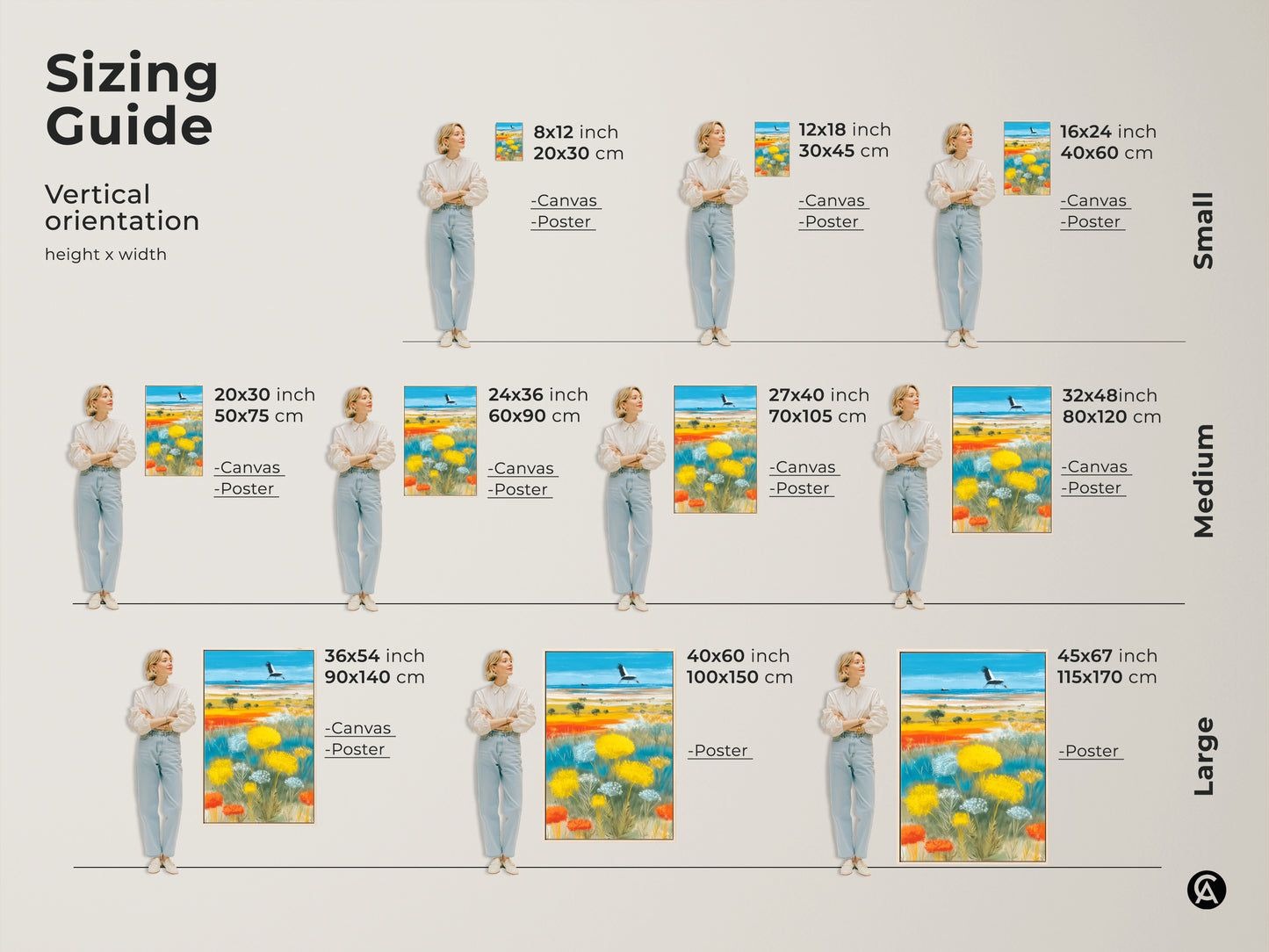 Sizing guide for vertical orientation art prints and canvas. See how the boho crane and wildflower artwork fits in 8x12 to 45x67 inch sizes. Visualize the landscape in small medium and large formats. Find the perfect nature decor for your space. Available for canvas and poster.
