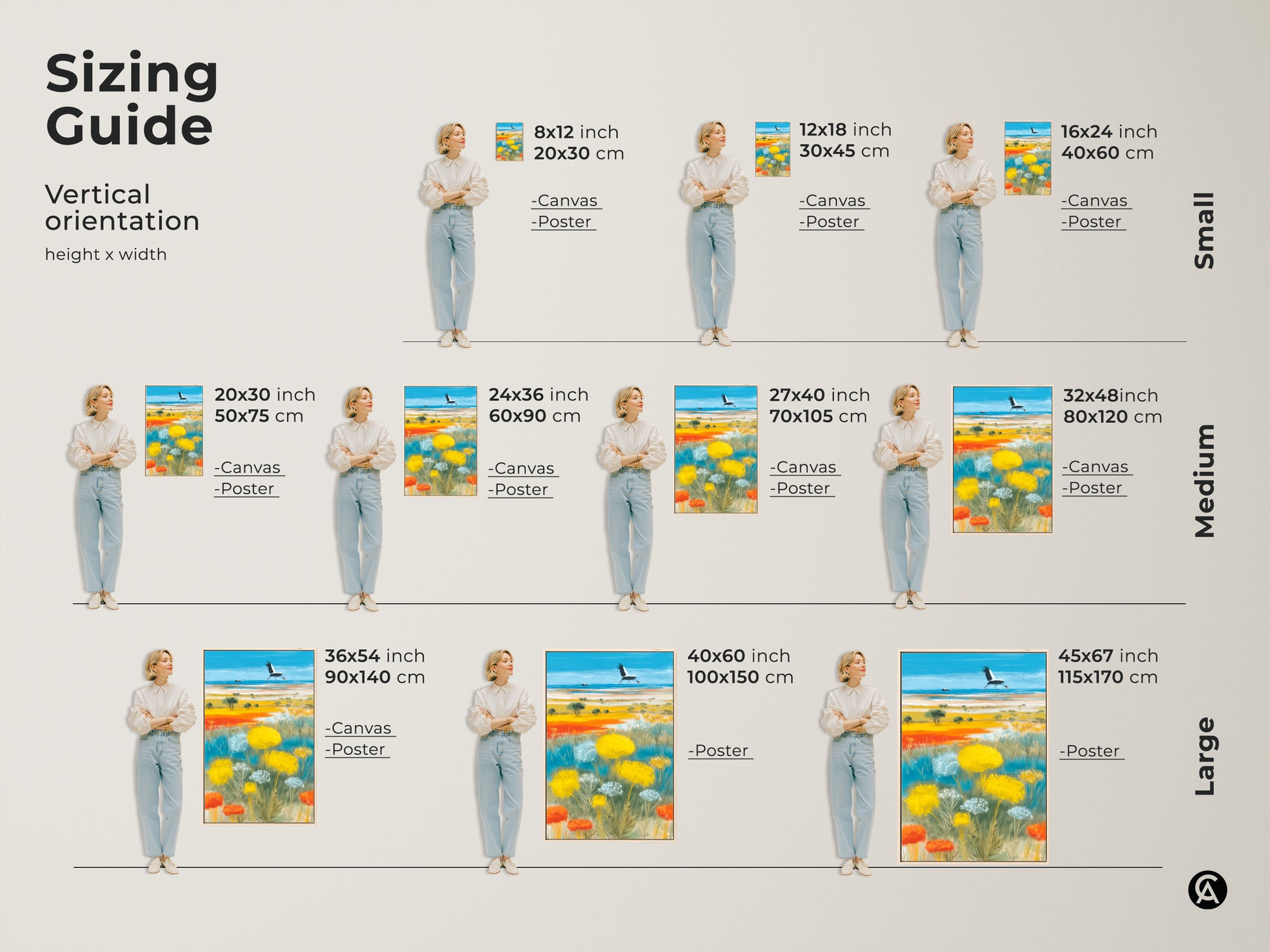 Sizing guide for vertical orientation art prints and canvas. See how the boho crane and wildflower artwork fits in 8x12 to 45x67 inch sizes. Visualize the landscape in small medium and large formats. Find the perfect nature decor for your space. Available for canvas and poster.