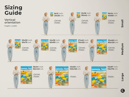 Sizing guide for vertical orientation art prints and canvas. See how the boho crane and wildflower artwork fits in 8x12 to 45x67 inch sizes. Visualize the landscape in small medium and large formats. Find the perfect nature decor for your space. Available for canvas and poster.
