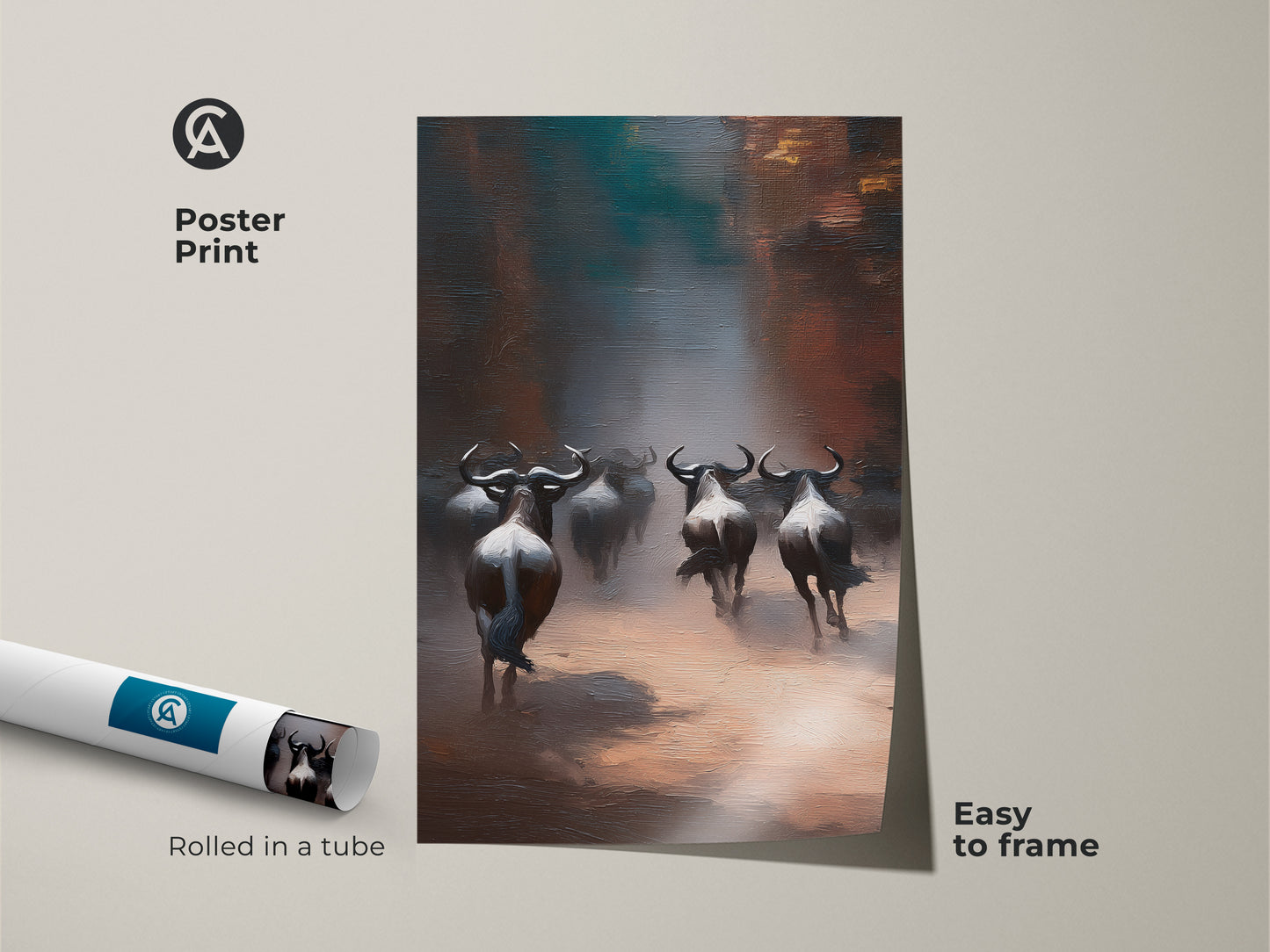 Museum-quality poster print of a wildebeest herd art. The earthy tone savanna art is easy to frame. It's an affordable way to bring African wildlife decor into your home. Ideal nature lover gift.