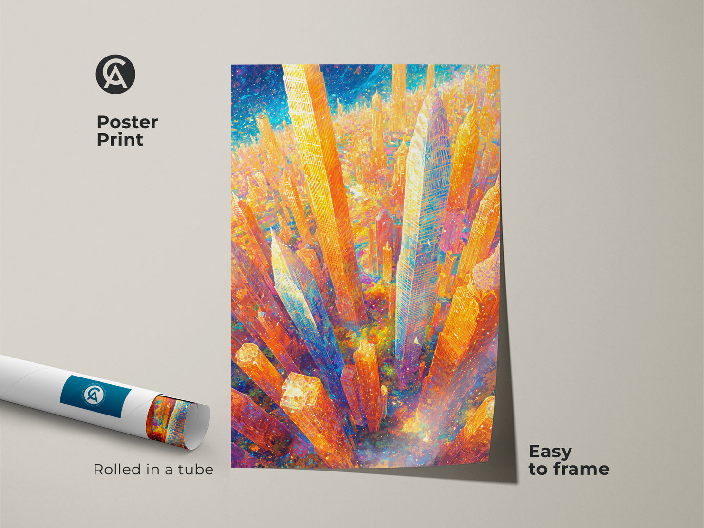 Poster print of a colorful cityscape artwork rolled in a tube. The artwork features orange and blue buildings. It's an easy-to-frame option for adding an urban aesthetic to your home or office.