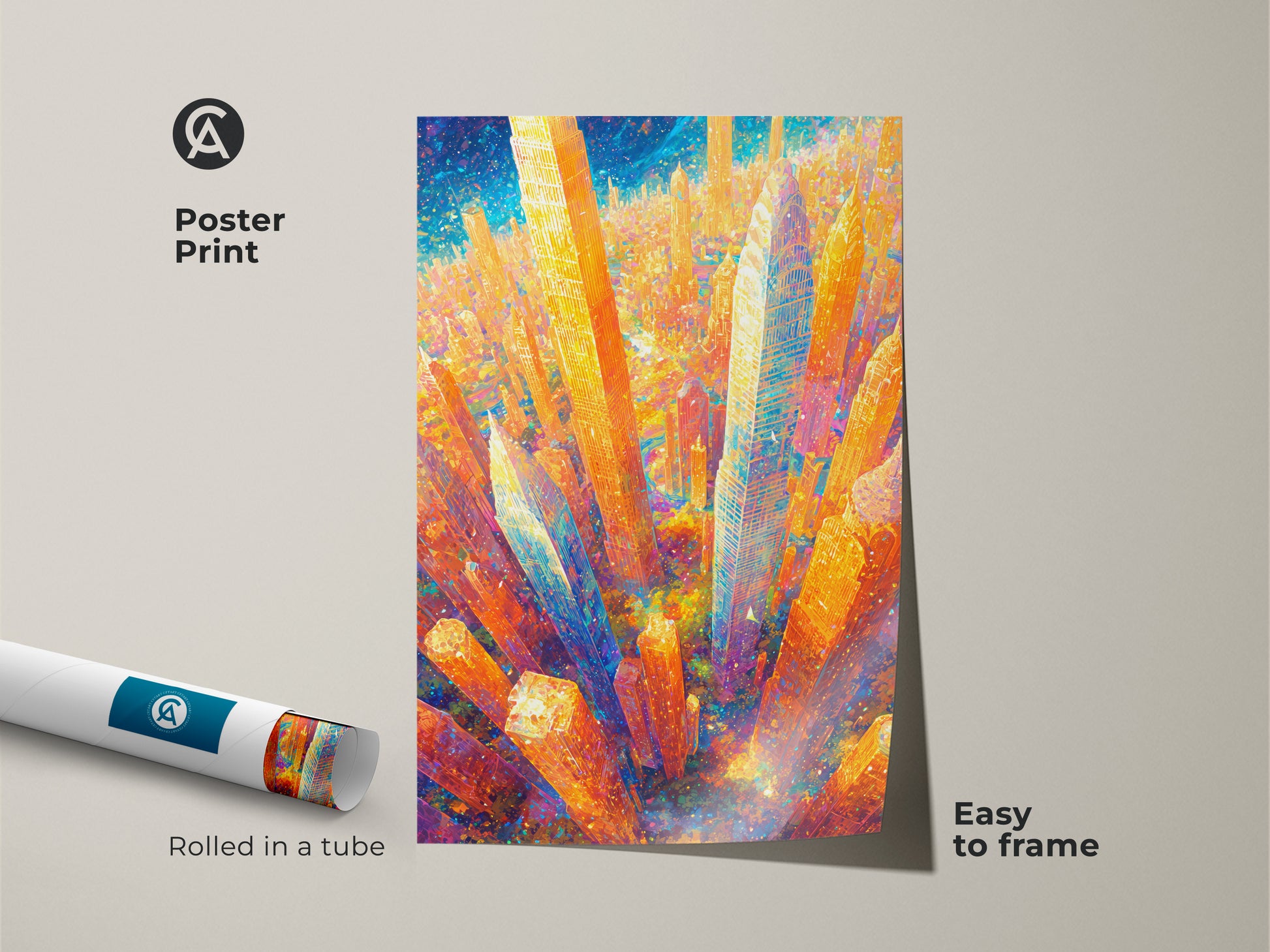 Poster print of a colorful cityscape artwork rolled in a tube. The artwork features orange and blue buildings. It's an easy-to-frame option for adding an urban aesthetic to your home or office.