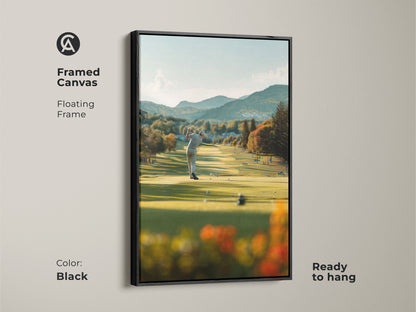 Framed canvas artwork showcases a golfer on a picturesque golf course. The floating black frame adds a touch of modern elegance. This ready-to-hang art print is a perfect gift for golf lovers. The detailed landscape brings a sense of calm and focus to any room.