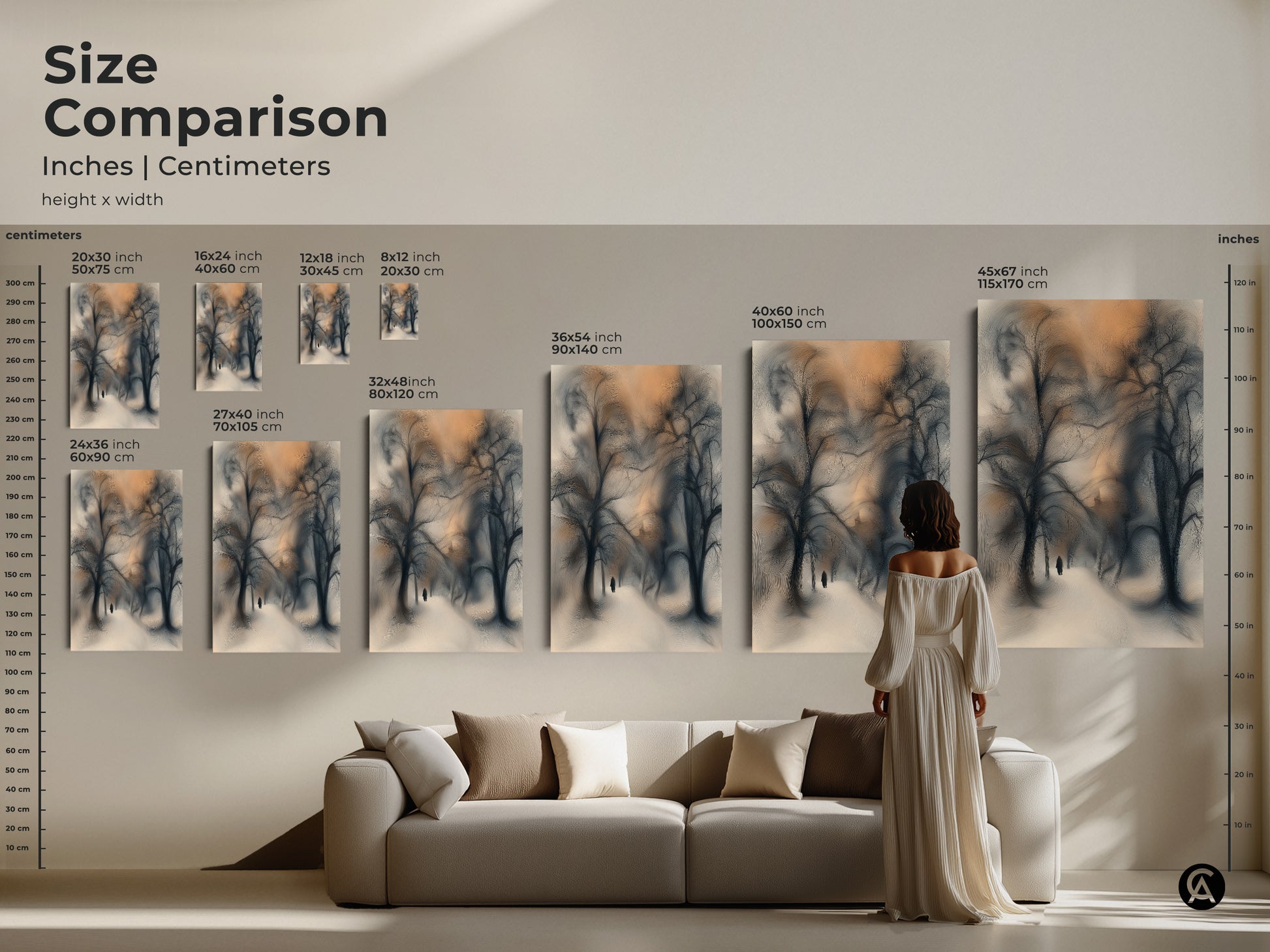 Size comparison of winter scene bedroom decor. View the nature landscape canvas in multiple dimensions. See how the solitary figure artwork enhances a living space. Perfect for adding a touch of contemporary nature to your home.