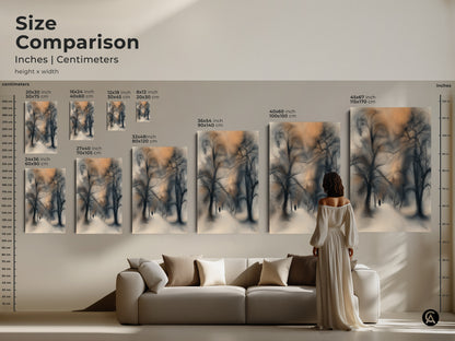 Size comparison of winter scene bedroom decor. View the nature landscape canvas in multiple dimensions. See how the solitary figure artwork enhances a living space. Perfect for adding a touch of contemporary nature to your home.