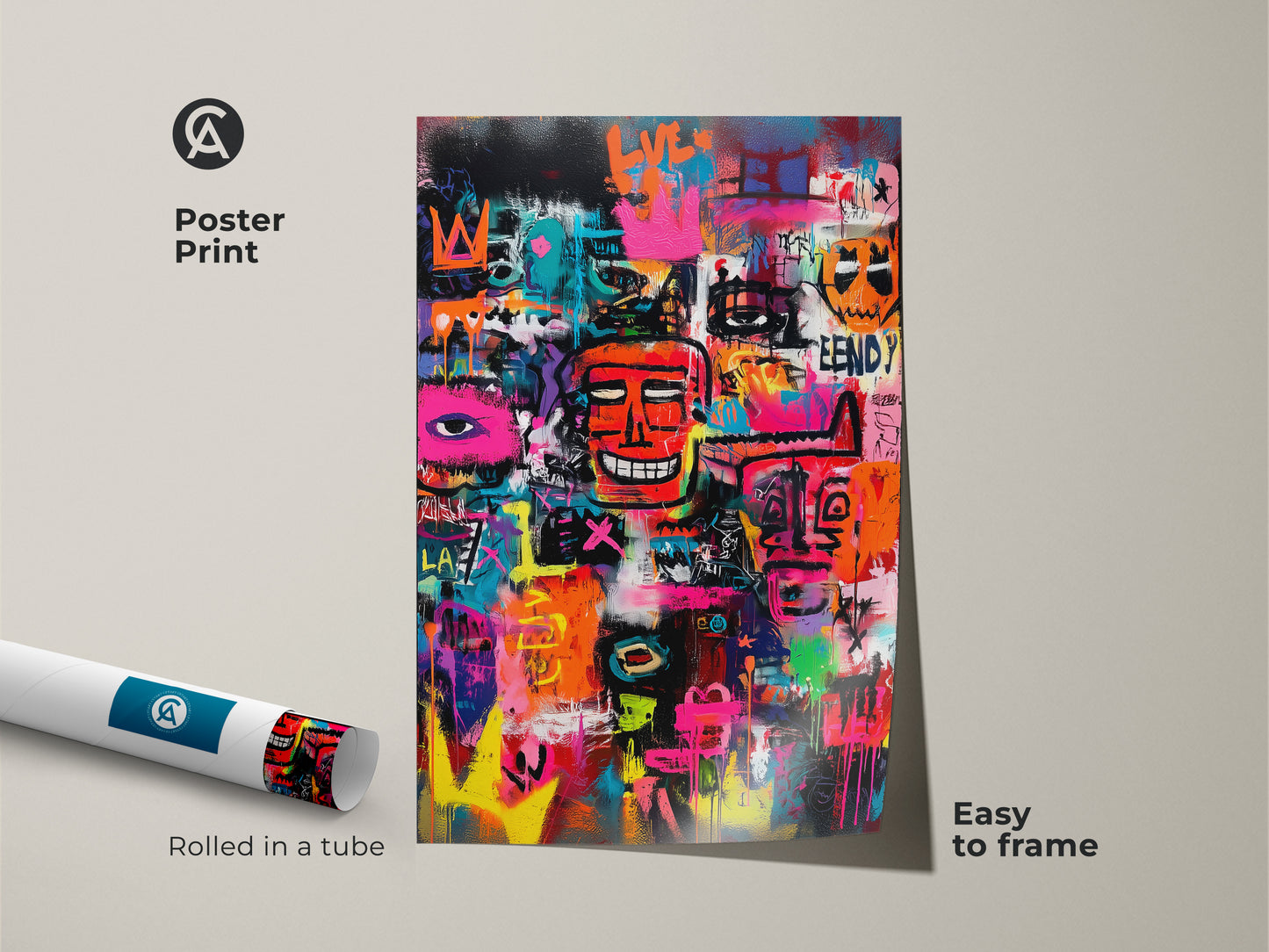 Poster print of a vibrant graffiti artwork. Rolled in a tube for easy framing this museum-quality paper art is ready to display. Featuring bold colors and abstract figures this piece is perfect for urban art lovers. Get yours now.