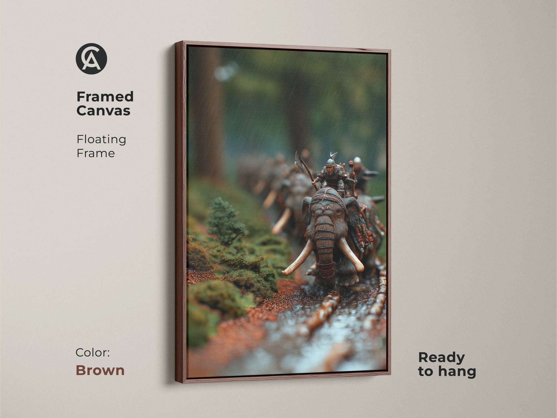 See framed canvas art of a dark fantasy elephant warrior. The floating frame enhances the forest battle scene. This miniature warfare canvas adds eclectic style to any room. It's a great gift for history buffs. This unique animal print brings epic fantasy to your walls. Ready to hang in brown.
