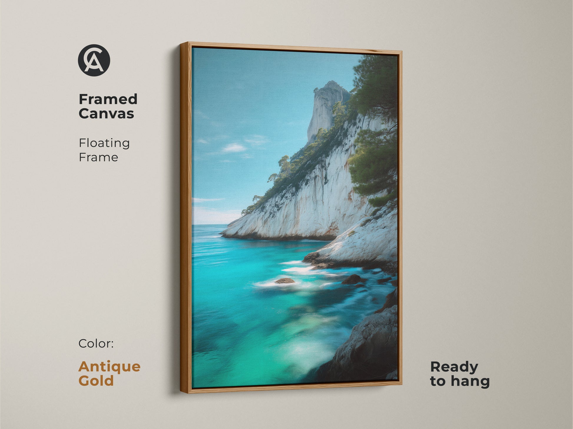 Antique gold framed canvas print of azure ocean featuring a serene seascape. This artwork offers turquoise blue beach art and rocky coast landscape views. Ready to hang the framed floating frame is nature-inspired art for coastal homes.