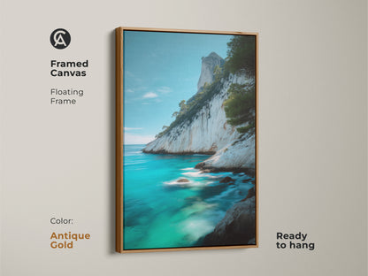Antique gold framed canvas print of azure ocean featuring a serene seascape. This artwork offers turquoise blue beach art and rocky coast landscape views. Ready to hang the framed floating frame is nature-inspired art for coastal homes.