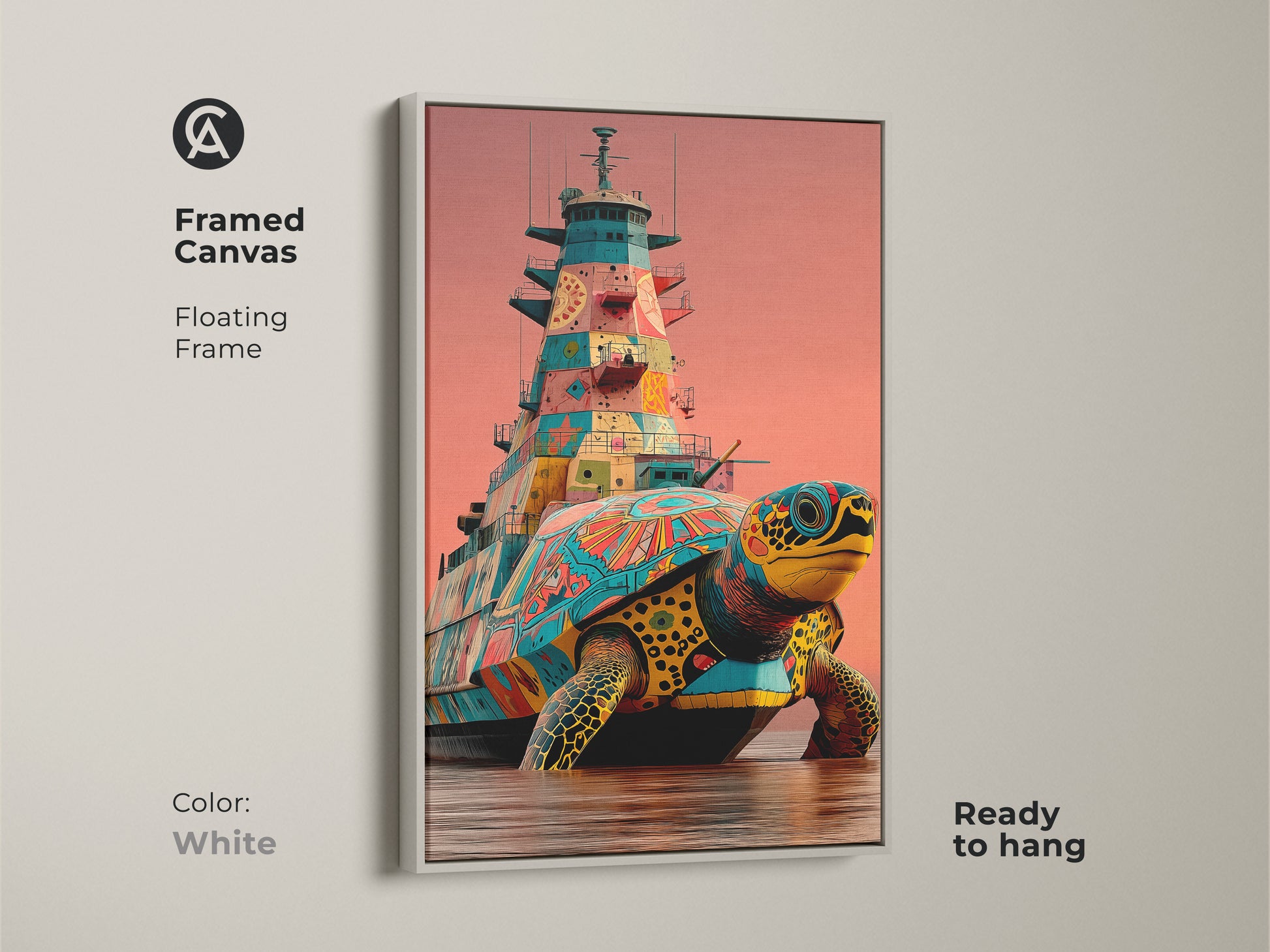 Explore this framed canvas featuring a surreal turtle battleship in a white floating frame. This fantasy animal art print is a unique fusion of pop art and marine life. The clean white frame enhances the vibrant teal orange yellow colors. Ready to hang this piece adds an eclectic statement to any decor style bringing marine life whimsy