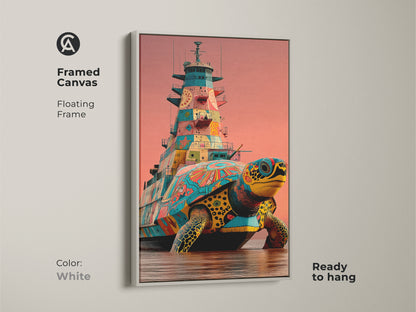 Explore this framed canvas featuring a surreal turtle battleship in a white floating frame. This fantasy animal art print is a unique fusion of pop art and marine life. The clean white frame enhances the vibrant teal orange yellow colors. Ready to hang this piece adds an eclectic statement to any decor style bringing marine life whimsy