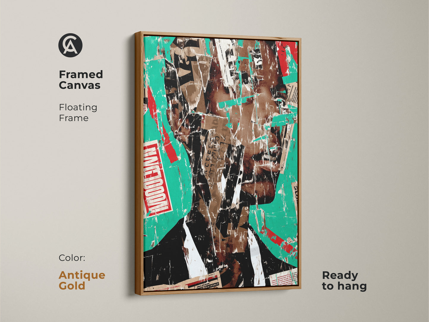 Framed canvas of abstract face collage art. This urban portrait wall art has an antique gold frame. The mixed media art uses teal red and brown colors. This eclectic piece is ready to hang for creative studio.