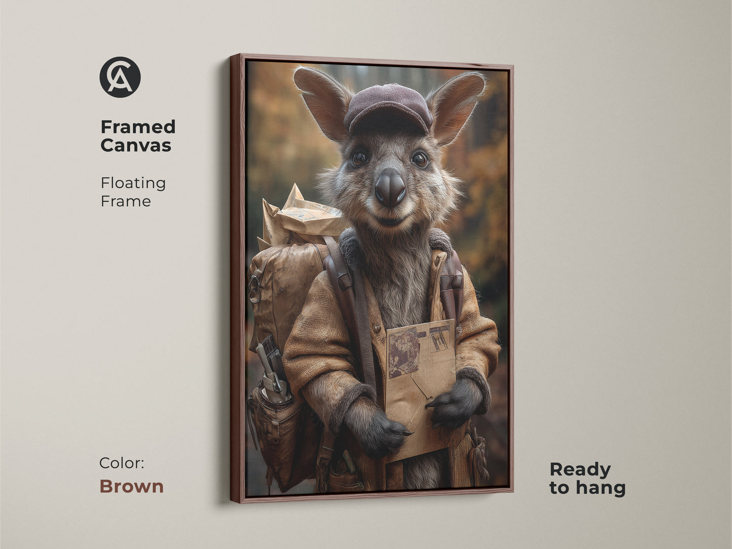 Framed canvas of a kangaroo dressed as a vintage mail carrier. The brown floating frame enhances its earthy tones. This ready-to-hang art adds charm. It is ideal for travel enthusiasts.