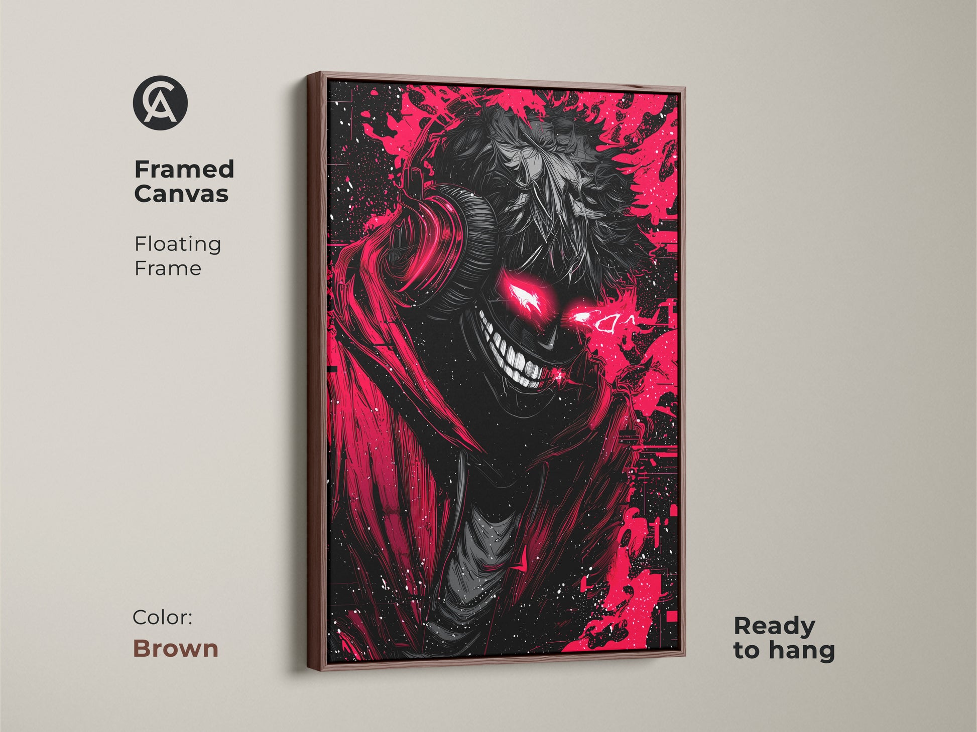 Framed canvas featuring red and black demon art with a floating frame. The brown frame enhances the demon's glowing red eyes and sinister grin. This ready-to-hang artwork is perfect.
