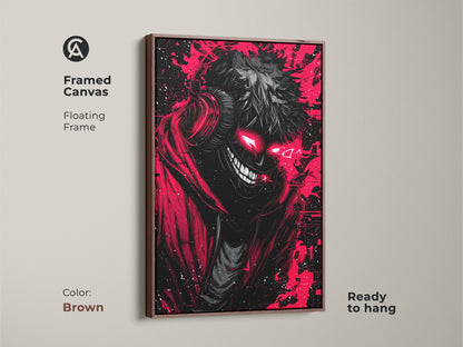 Framed canvas featuring red and black demon art with a floating frame. The brown frame enhances the demon's glowing red eyes and sinister grin. This ready-to-hang artwork is perfect.