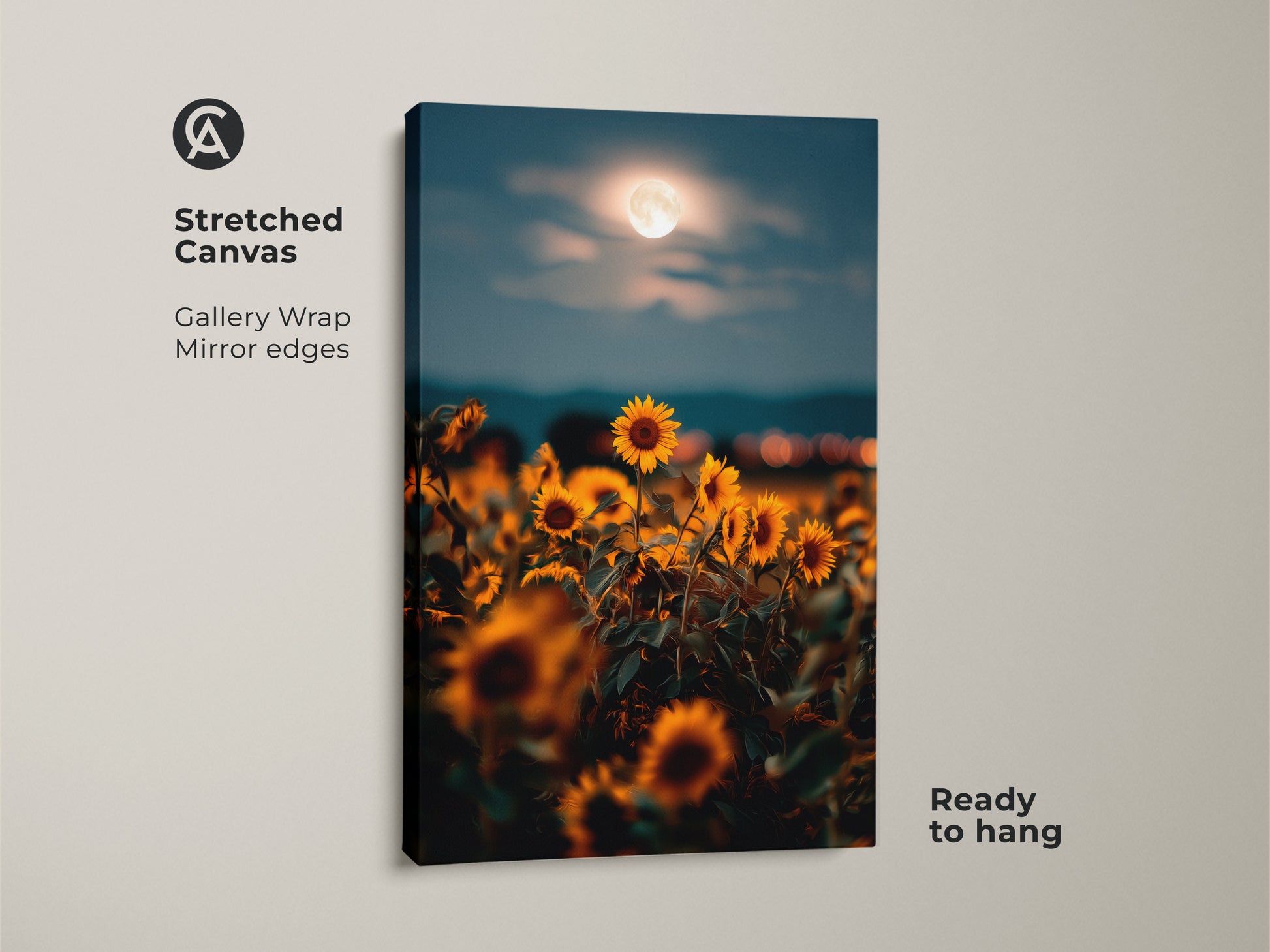 Stretched canvas of a dreamy impressionistic sunflower field under a glowing moon. Gallery wrapped with mirror edges this boho floral wall decor is ready to hang. The golden yellow and teal landscape art evokes natural beauty and serenity.