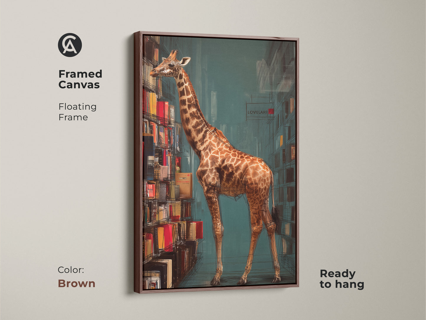 Framed canvas featuring a giraffe by a bookshelf with a brown floating frame. The warm tones of this surreal animal art print complement any home decor. It’s ready to hang and great as a unique office decor piece.