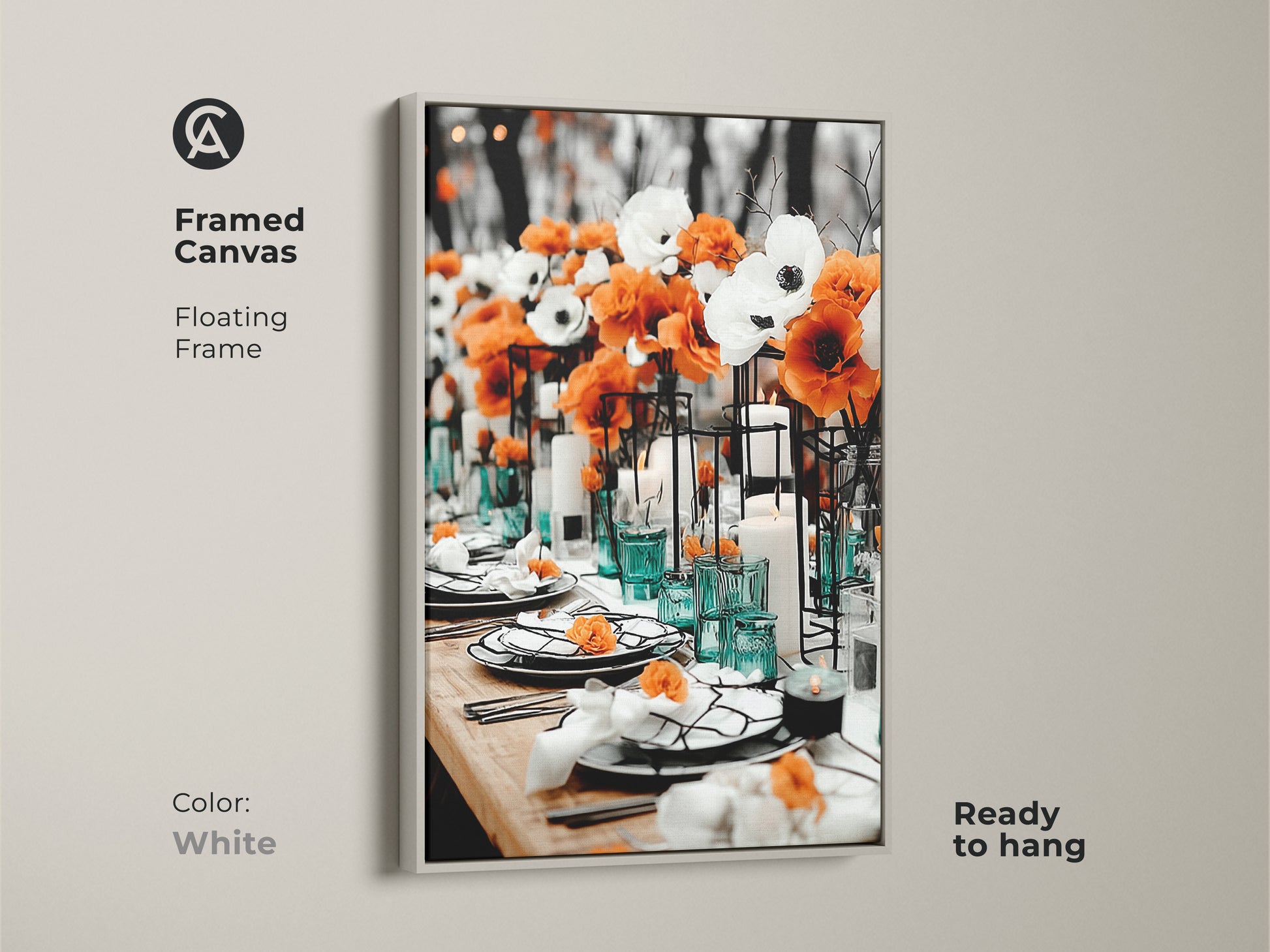Framed canvas artwork with a white floating frame displaying orange and white anemones. This contemporary dining room art features an elegant table setting. It's ready to hang and adds sophistication to residential interiors. An ideal floral centerpiece print for upscale restaurants or home entertainer gift.