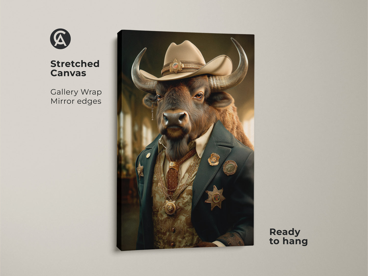 Stretched canvas print of a buffalo sheriff art. This gallery wrap showcases a surreal western cowboy animal portrait. Ideal man cave decor with its tan blue brown palette. A unique and ready to hang piece of eclectic home decor. Perfect dark academia wall art.