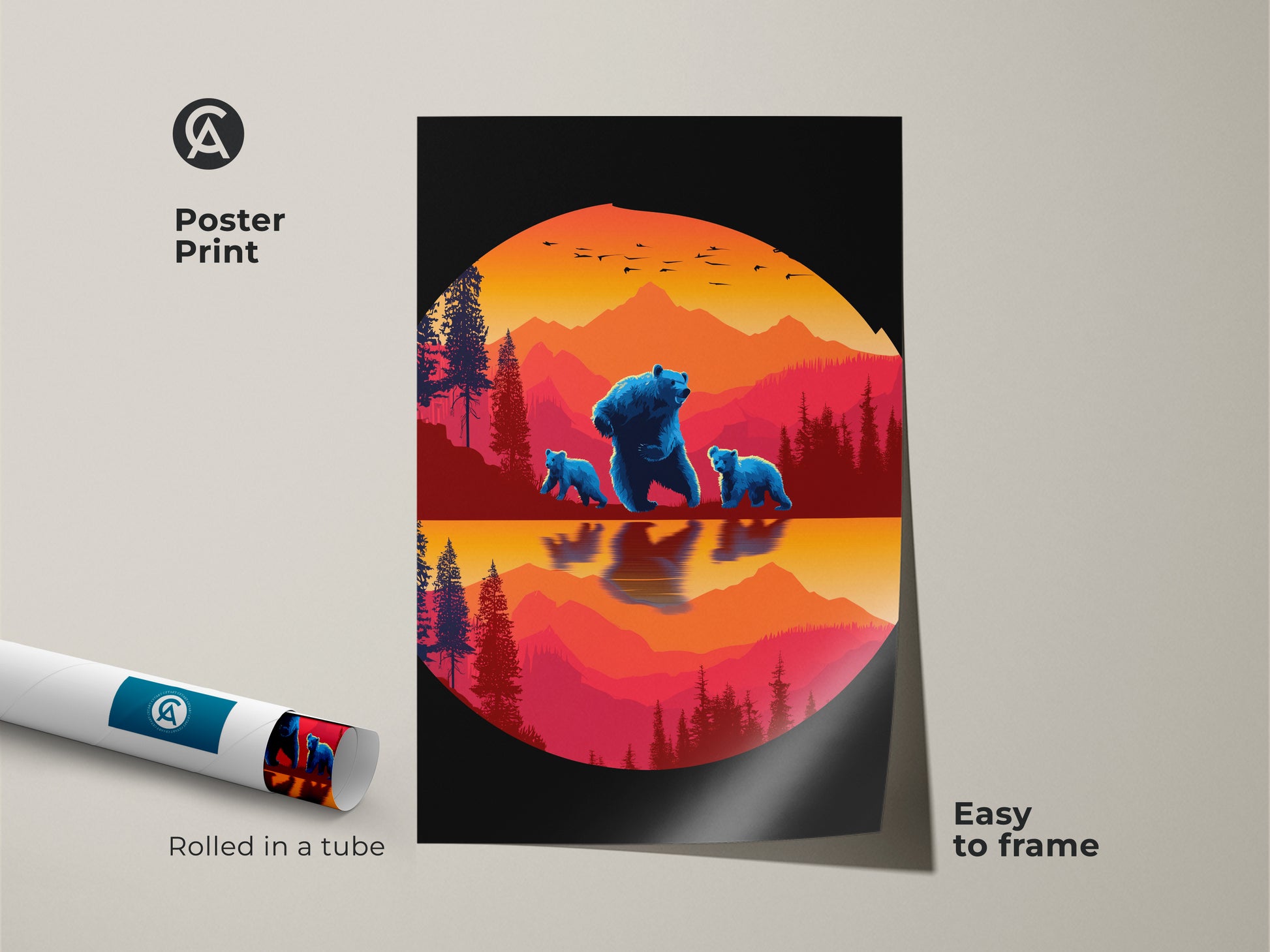 Poster print of the Blue Bear Family art. The retro mountain landscape canvas is easy to frame. This wildlife animal canvas art is rolled in a tube. It's a unique animal landscape art for nature lovers.